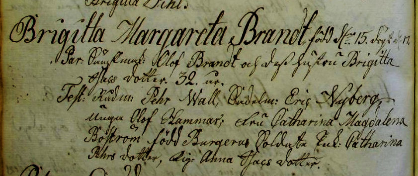 Udsnit af kirkebog, Daab af Brigitta Margareta Brandt